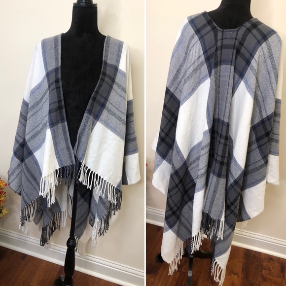 Attention Plaid Shawl/Poncho with Tassels - Picture 2 of 8